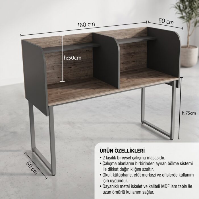 GM040-201 Çift Kişilik Modüler Çalışma Masası – Bölmeli Etüt ve Öğrenci Masası - Görsel 2